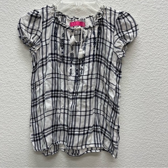 Tinsey Girls Small Blouse Shirt Top Navy Cream Drawstring Neckline - Picture 1 of 5